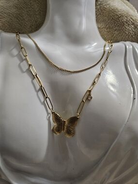 Gold Butterfly Pendant Layered Necklace - Women Jewelry